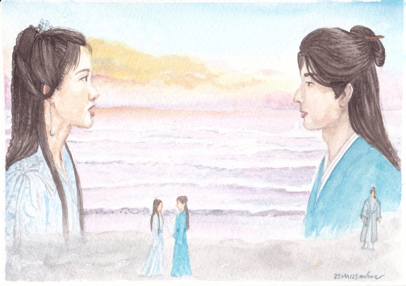 man and woman facing each other, a sunset beach background